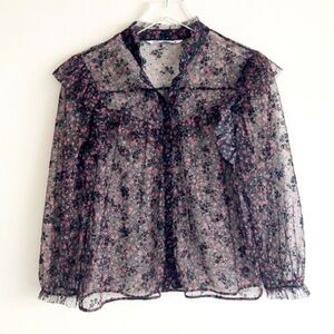 Zara Sheer Floral Black Blouse with Ruffles Size Medium Womens